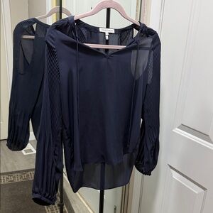 Heartloom Navy Sheer Pleated-Sleeve Tie-Neck Blouse